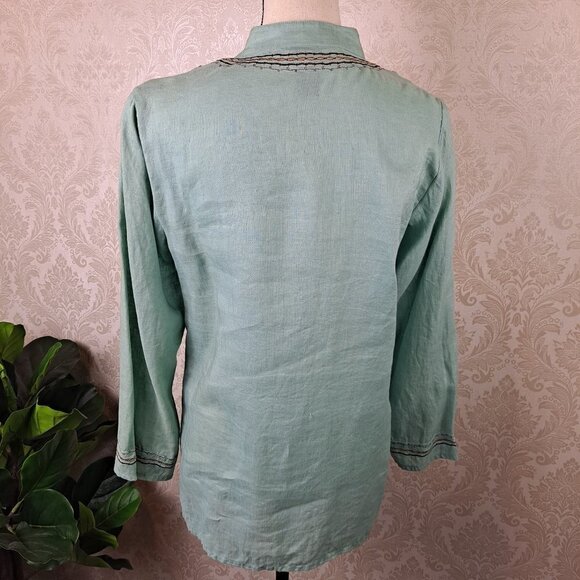 Rafaella Size 8 Light Green Tunic Embroidered Stone Accents 100% Linen Long Slv - Picture 9 of 13